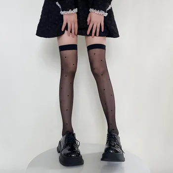 JK Лолита момичета чорапи сърце печат ултра-тънък найлон коляното високи чорапи бедрото високи чорапи полка точка дълги чорапи жени чорапи