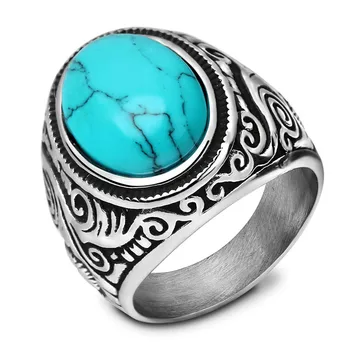 KOtik 2023 Мода Огромен син оникс камък ретро бижута титанов стоманен пръстен мъжки пръстен