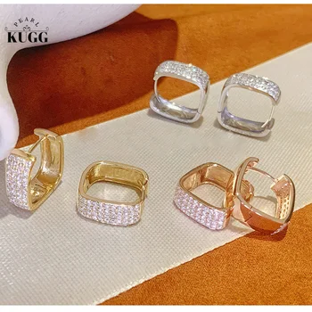KUGG 18K Обеци от бяло/ жълто/розово злато Истински обеци с естествен диамантен обръч за жени Сватбени бижута Луксозен геометричен дизайн