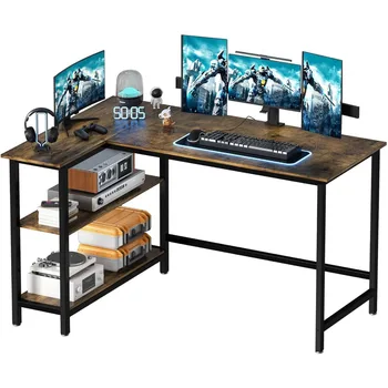 L оформено бюро - 43 инчово игрално бюро, компютърно ъглово бюро, бюро за писане на домашен офис с рафт, спестяваща място работа