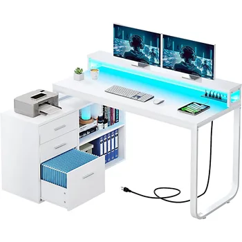 L оформено бюро с електрически контакти & LED светлини & шкаф за файлове, 55-инчово голямо компютърно бюро ъглово бюро с 3 чекмеджета и 2