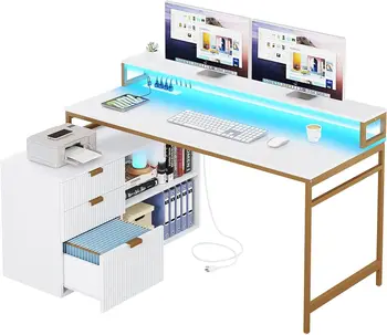 L оформено бюро с чекмеджета, 55-инчово компютърно бюро ъглово бюро с електрически контакти и LED светлини, голям L-образен офис De