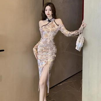 Lady Елегантен Секси Off рамо Qipao есен нов китайски стил рокля Cheongsams подобрен печат цвете вестидос дълго Cheongsam