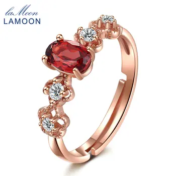 LAMOON 6 * 4mm 100% естествен овален червен гранат 925 стерлинги сребърни бижута сватбен пръстен с S925 за жени LMRI045