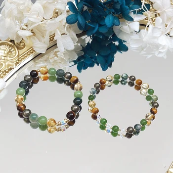 Lii Ji Natural Moss Agate Hetian Jade Citrine Tiger Eye Pyrite American 14K Gold Filled 6mm / 8mm Еластична гривна 18cm /