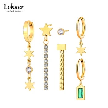 Lokaer 3Pair/Set неръждаема стомана CZ кристал звезда пискюл обеци за жени мода против ръжда ухото бижута парти Серьги E23194