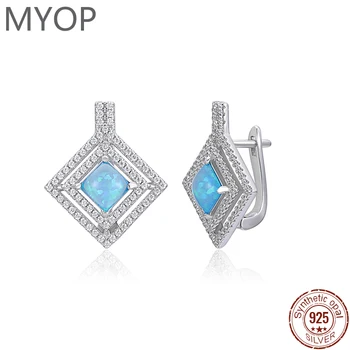 MYOP 925 Сребърен подарък изкуствени сини OPAL диамантени обеци френски бутон циркон, момичета бижута, мъже личност късмет
