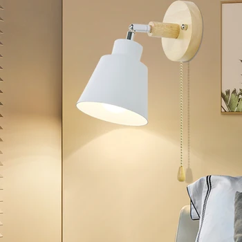 Nordic вътрешна дървена стенна лампа Bedside E27 Sconce стенна светлина за спалня коридор 4 цвят с цип превключвател свободно въртящ се декор