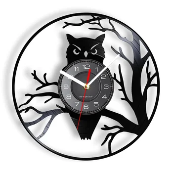 Owl Bird & Branches Vinyl Album Re-purposed Record Clock Animal Wall Decor Black Hanging Wall Watch Living Room Modern Artwork