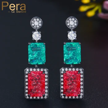 Pera Classic светло синьо червено CZ камък етнически черно злато цвят дълъг квадрат капка Boho виси обица за жени модни бижута E523