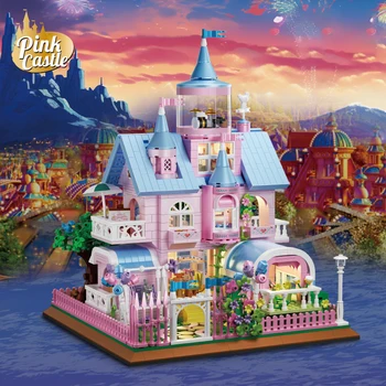 Pink Castle Street View Архитектура Серия с лек низ събрание мини частици градивен блок декорация модел дете играчка подарък