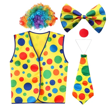 Rainbow клоун косплей реквизит възрастни смешно клоун костюми Хелоуин парти цирк къдрава коса перука червен нос жилетка вратовръзка лък ръкавици комплект