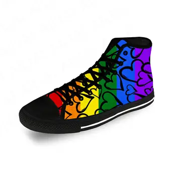 Rainbow сърца модел ЛГБТ гордост случайни кърпа мода 3D печат високо отгоре платно обувки мъже жени леки дишащи маратонки