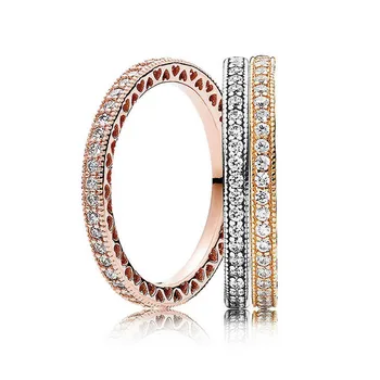 Rose Golden Shine Стифиращи се любовни сърца с кристален пръстен 925 стерлинги сребърен пръстен за жени сватбен подарък Европа DIY бижута