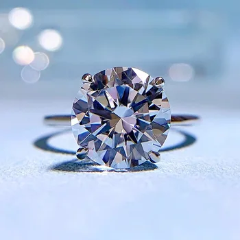  S925 Сребърен пръстен с четири нокътя 10 мм кръг S925 сребърен диамантен пръстен на едро за жени