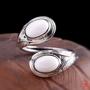 S925 Сребърни пръстени за жени 2023 Нова дамска мода перо модел Hotan Jade цветя Pure Argentum ръчни бижута