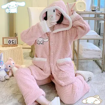 Sanrioed Cinnamoroll плюшени пижами комплект голям размер качулка дома дрехи за жени Kawaii аниме зимата удебелени карикатура сладко момиче