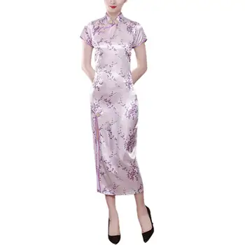 Side сплит рокля елегантен изкуствена сатен дълго Cheongsam китайски стил стойка яка къс ръкав Qipao цвете печат