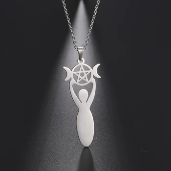 Skyrim Penctacle Triple Moon Goddess Amulet Колие Wicca Pagan висулки Колиета за жени Бижута от неръждаема стомана Магьосничество