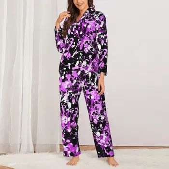 Tie Dye Graffiti пижама комплект Splatter Paint в орхидея мода спално облекло жени дълъг ръкав хлабав стая 2 парчета Начало костюм голям размер