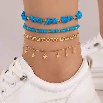 Tocona Bohemia Star Pendants Anklet Set for Women Girl Simple Blue Beads Geometric Multilayer Foot Chains Jewelry Party 24611