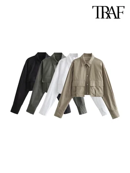 TRAF-дълъг ръкав изрязани блузи с джобове за жени, преден бутон, шикозни върхове, женска мода