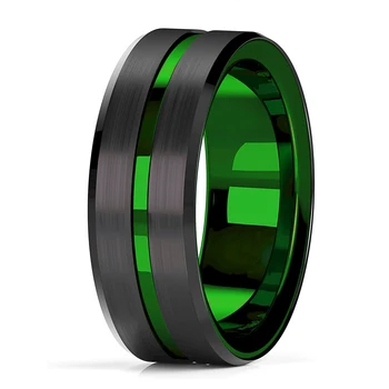 Trendy 8MM зелен цвят жлеб скосен ръб волфрам сватбени пръстени за мъже черен четка стомана годежен пръстен мъжки сватбена лента