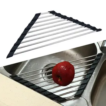 Triangle Roll-Up Dish Drying Rack Сгъваема неръждаема стомана над мивка Организатор Спестяване на пространство Кухненска мивка Ъглов отцедник рафт