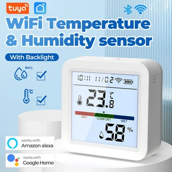 Tuya Wifi интелигентен сензор за температура и влажност с LCD екран безжичен термометър за подсветка работи с Alexa Google Home