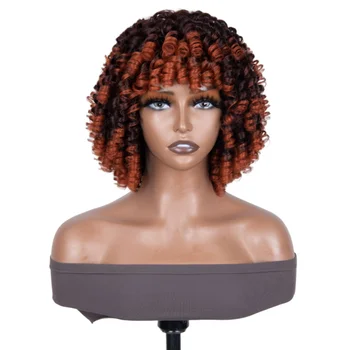 Unice Hair Ombre Brown Bouncy Curly Remy Bob Wig With Bangs Glueless Wig for Women Human Hair Wear and Go Air Wig Full Machine