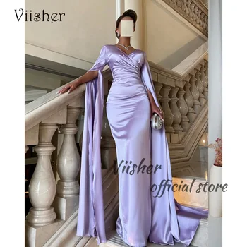 Viisher люляк сатен русалка вечерни рокли сплит дълъг ръкав V врата абитуриентски парти рокля арабски Дубай официални вечерни рокли