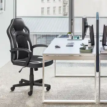 VINEEGO Игрален стол с висока облегалка PU кожен офис стол състезателен стил ергономичен компютърен стол с лумбална опора