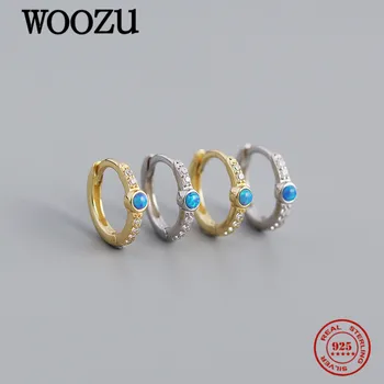 WOOZU Real 925 стерлинги сребро кръг синя паве кристал циркон обръч обеци за жени парти френски пънк ухото ключалката бижута подаръци