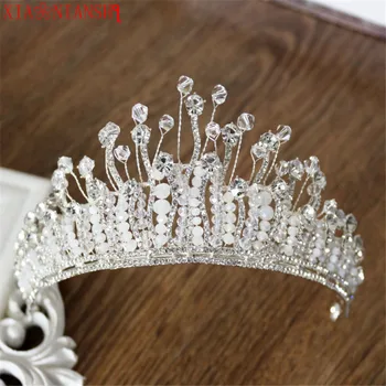 XIAONIANSHI Нов барок луксозен кристал AB булчински корона диадеми светло злато диадема диадеми за жени булката сватба аксесоари за коса