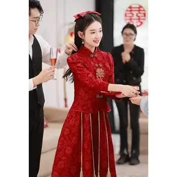 Xiuhe костюм дълъг ръкав пола 2PCS сватбена рокля нов китайски стил тост дрехи булчински бордо реколта подобрена проста Qipao