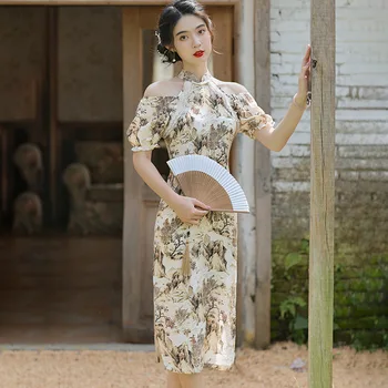 Yourqipao Summer Print Off-the-shoulder Секси млади момичета Cheongsam ретро Qipao пола китайски стил вечерна рокля за жени