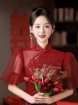 Yourqipao Китайска сватба Cheongsam тостинг рокля Годежна вечер на булката Дамски дълги абитуриентски рокли Рецепция Qipao