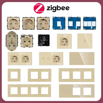 ZigBee превключвател Интелигентни ключове за осветление и части за електрически контакти се нуждаят от неутрален, златен стъклен панел Стенни контакти на ЕС DIY част Умен дом