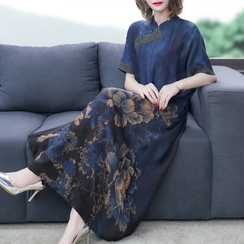 азиатски стил Корея Ханбок рокля ориенталски ретро етнически костюм класически син печат цвете лятна рокля жени