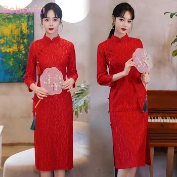 висок клас подобрен червен Cheongsam добро качество китайски традиционна сватба Qipao рокля Нова година CNY