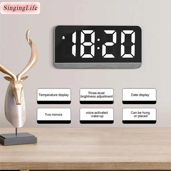  голям екран цифров стенен часовник LED огледало будилник време / дата / температура дисплей гласов контрол десктоп аларма таблица часовник