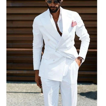 Двуреден мъжки костюми бял тънък годни сватбен смокинг за младоженеца 2 парче небрежно стилно мъжко модно яке с панталони 2024