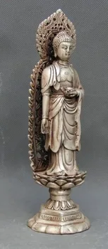 декорация бял Мед сребро фабрика Китайски будизъм тибетски сребро Шакямуни стои на статуята на лотосовото цвете