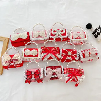 Детска чанта, голям червен новогодишен стил, дамска чанта за аксесоари, перлен наконечник за кръстосано тяло, портмоне за монети