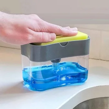 Дозатор за сапун за кухня Ръчна преса Контейнер за течен сапунен препарат с държач за гъба Организатор на сапунена помпа Sponge Caddy