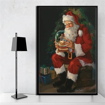 Дядо Коледа държи кристална топка Плакат платно живопис печат на стена карикатура изкуство картина за хол Коледа дома декор
