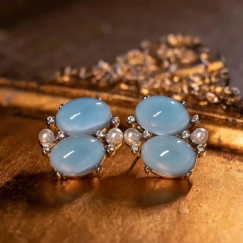 елегантен изискан луксозен нокът имитация светло синьо капка лепило кръгъл скъпоценен камък перла обица нежна Jiangnan вода град обеци