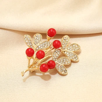 Елегантна мода червено цвете листа брошка за жени кристал ревера щифтове облекло палто рокля шапка декор аксесоари бижута подарък