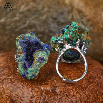 естествен азурит малахит геод пръст пръстени за жени сурови скъпоценни камъни минерални Рейки лечебни бижута подаръци