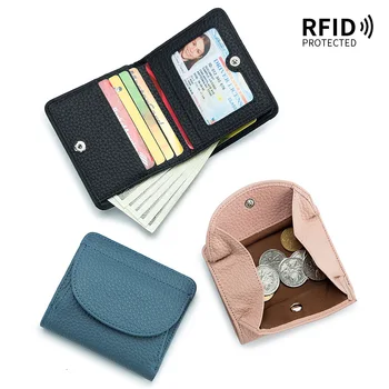 естествена кожа RFID ID кредитна банка притежател на визитна картичка Телешка монета чанта чанти луксозен съединител тънък джоб портфейли за жени
